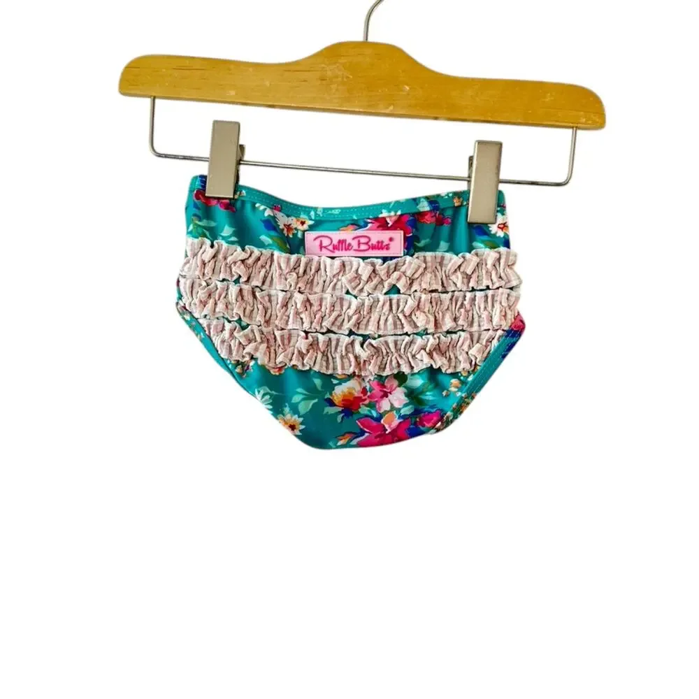 Ruffle Butts Aqua Floral Bikini Bottom With Ruffles on Back Sz 12-18 Months New